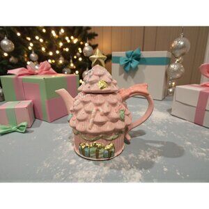 New Pink Pastel / Gold Christmas Tree Holiday Party Ceramic Tea Pot Teapot